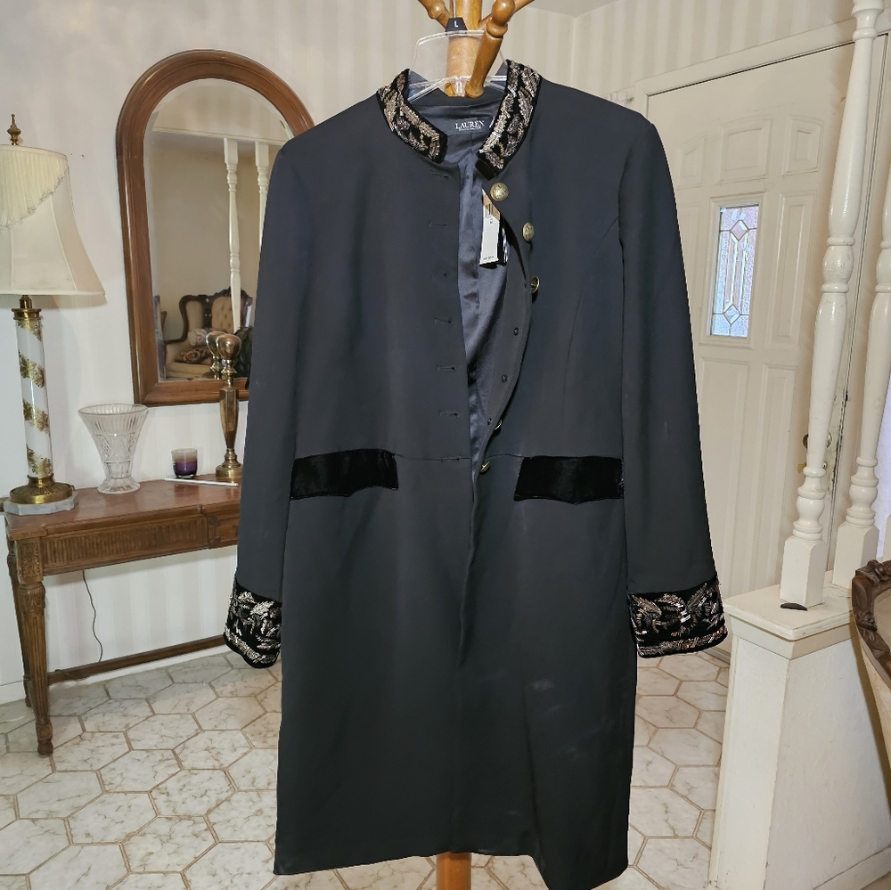 Ralph Lauren Embroidered Velvet & Sequins Trim Tricotine Coat - Picture 4 of 8